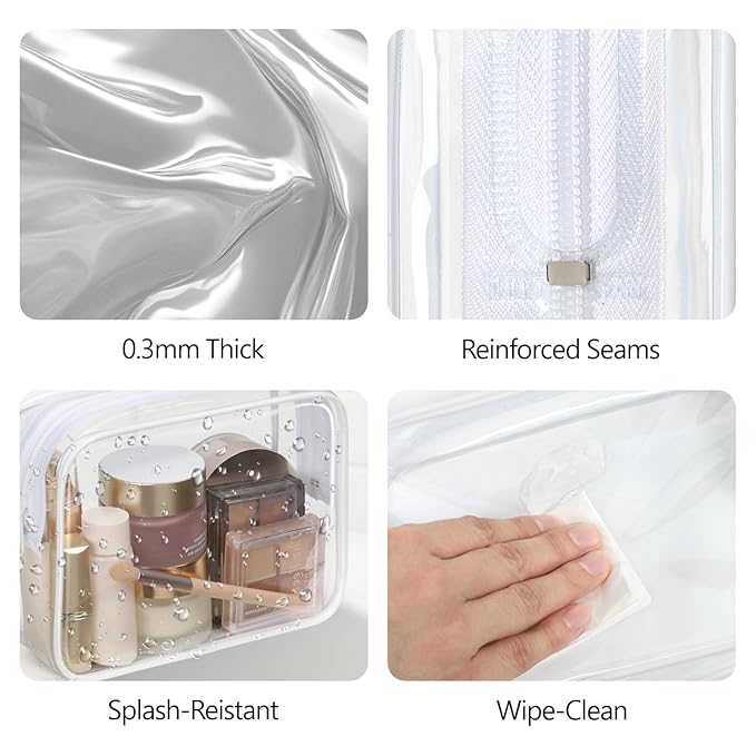 PACKISM TSA Approved Toiletry Bag - Clear Makeup Bag 3 Pack Medium, Quart Size Bag for 3-1-1 Liquids with Metal Smooth Zipper, Travel Makeup Bag for Women Men, Airport Airline Compliant Bag, White