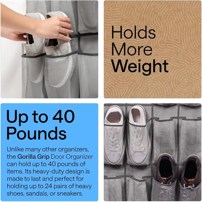 GORILLA GRIP Over the Door Shoe Organizer, 24 Extra Large Breathable Mesh Pockets, Space Saving Hanging Storage Holder, 4 Hook Closet Rack Hanger, Hangs on Closets for Shoes and Accessories, Gray