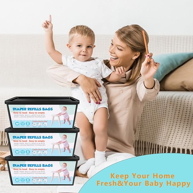Diaper Pail Refills with 30 Bags Compatible with Genie Easy Roll Signature Diaper Pail and Platinum Diaper Pail, Hold Up to 1400 Newborn-Sized Diapers Per Refill,2 Packs(60Bags)