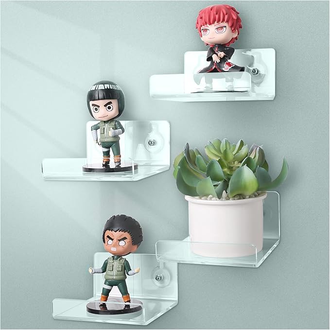 DingCo Floating Acrylic Shelves, 4x4 Inch Clear Wall Shelves, Small Plant Display Stand (No Drill Shelf, 4 Pack)