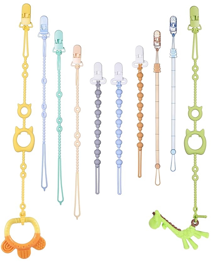 Pacifier Clips & Toy Straps 2-in-1 Combo: 10 Pack with Locking Clips | Extra Long Tethers for Stroller/Car Seat Toys + Short Leashes for Baby Pacifiers & Teethers | BPA Free Silicone (Multicolor 1)