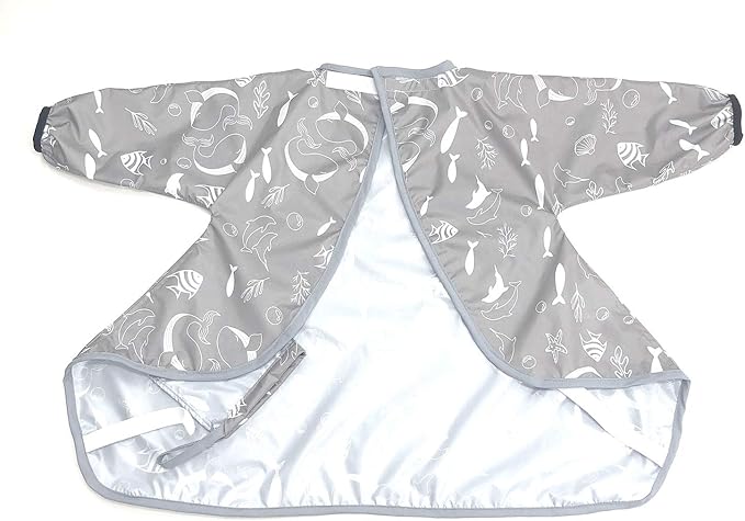 Long Sleeve Baby Bib, Attaches to Highchair, Waterproof & Portable (Gray Seaworld)