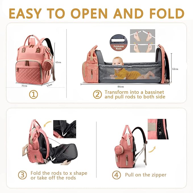 GurZinn Diaper Bag Backpack with Changing Station Portable 3 in 1 Multifunction Backpack Travel mommy bag Stroller Pink