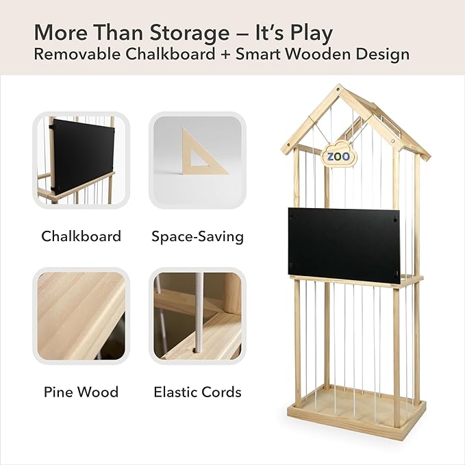 Paquber Stuffed Animal Storage Zoo & Stuffed Animal Holder - Wooden Plush Toy Storage for Kids Room | Natural Pine Wood Toy Organizer with Chalkboard and Elastic Cords