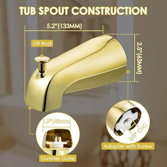 Enhon Slip on Tub Spout with Diverter, Compatible with American Standard 8888026.002 Tub Spout, Bathroom Bathtub Faucet, Fits 1/2 Copper Water Tube(5/8 Dia), 5/32 Hex Wrench(Polished Brass,1)