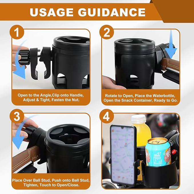 3-in-1 Stroller Cup Phone Holder Attachment Universal Cup Holder with Adjustable Phone Mount Double Cup Holder for Walker Wheelchair (Blue)