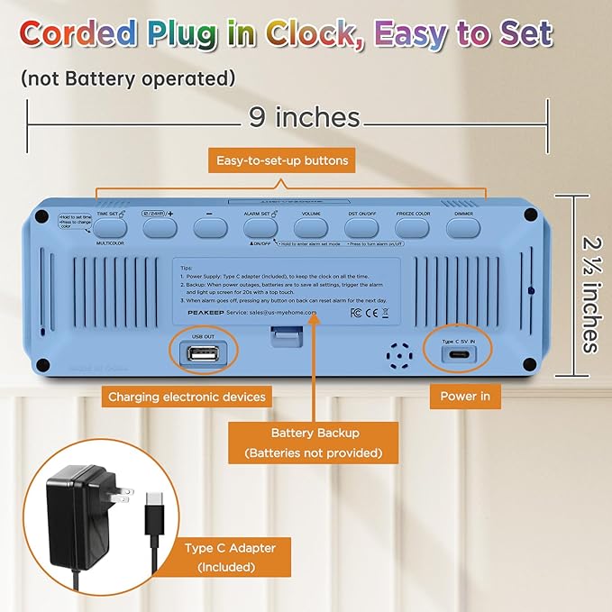 Peakeep Loud Digital Alarm Clock Large Display for Bedrooms with Date, Day of Week, Auto DST, Desk Clock Electric Plug in for Living Room, Battery Backup, USB Port, 5 Dimmers