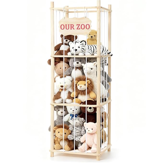 Stuffed Animal Storage & Organizer, Wooden Large Capacity Stuffed Animal Zoo with Elastic Cords, Sturdy Space-Saving Plushie Toy Shelf Cage Tower for Nursery Playroom Bedroom 54 in, Easy to Install