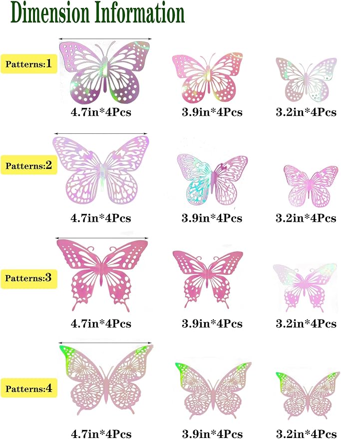 JOSDIOX 3D Laser Pink Butterfly Wall Stickers - 48 Pcs with 4 Styles & 3 Sizes, Removable Decor for Party Birthday Wedding Cake Balloon Decoration(48 Laser Pink)