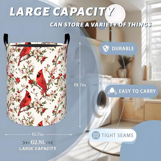 Cute Red Cardinal with Flowers Laundry Basket with Handles, 19.7"x15.7" Clothes Foldable Laundry Hamper Organizer for Dorm Nursery Bedroom Bathroom Decor, Toy Storage Bin for Kids