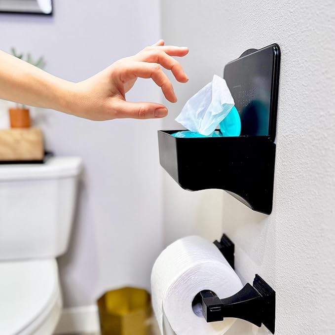 Wipe Holder for Bathroom – Adhesive Wall Mount Organizer – Bathroom Shelf & Baby Wipes Dispenser – Black, 2 Pack