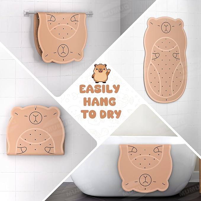 Non Slip Shower Mat Baby Bath Tub Mat Ruber Cartoon Capybara Bathtub Mats for Toddlers and Kids Cute Bath Mats with Suction Cups and Drain Holes 30"x18", Brown