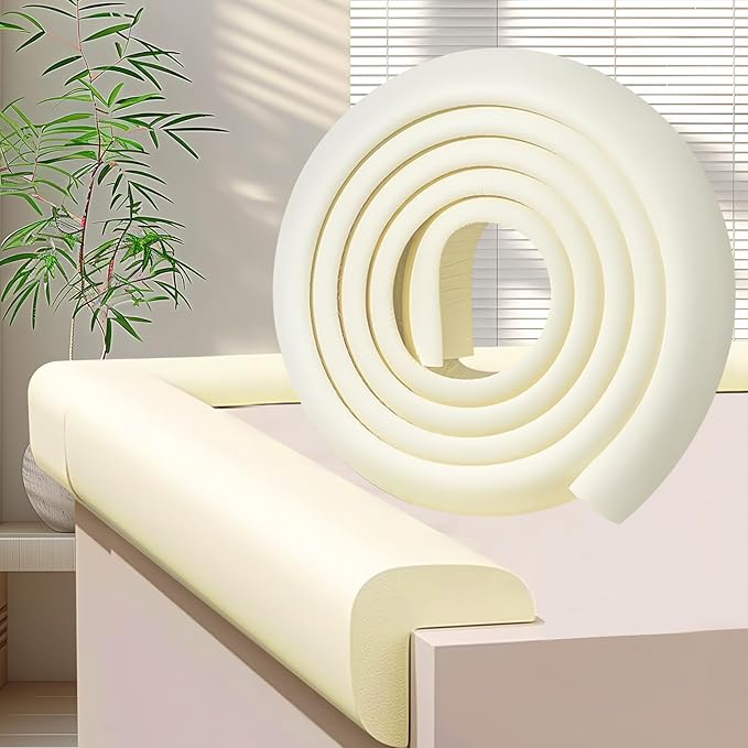 ZOMPAGO Baby Proofing Edge & Corner Protectors, 1 Roll White Foam L-Shape Self-Adhesive Bumper Strip, Soft Shock-Absorbent Wall & Furniture Safety Bumpers for Nursery, Kitchen, Fireplace, Table, Desk