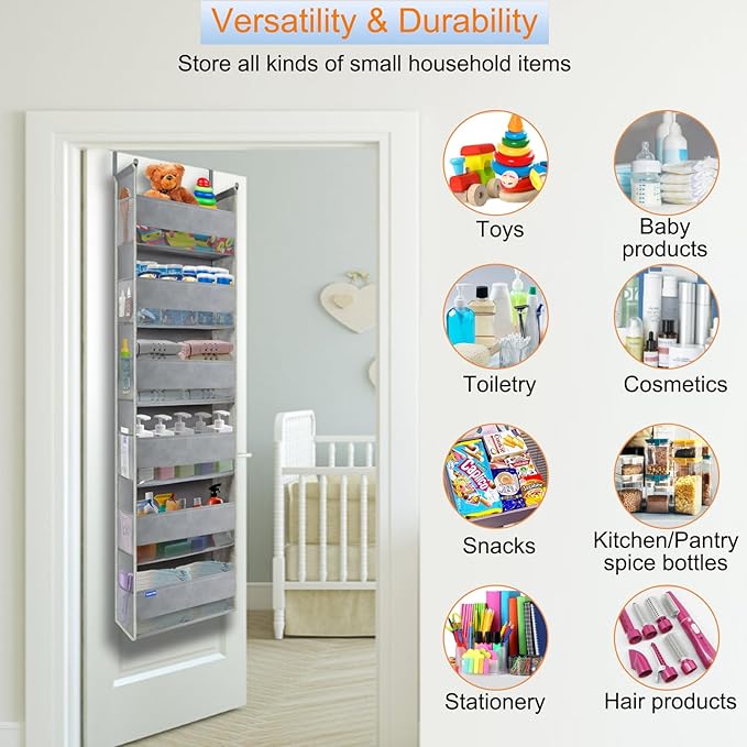 roomtalk Extra Large Over The Door Organizer Storage 6-Shelves and 12 Side Pockets, Heavy Duty Hanging Door Organizer for Closet Bathroom Bedroom Nursery Pantry, Grey