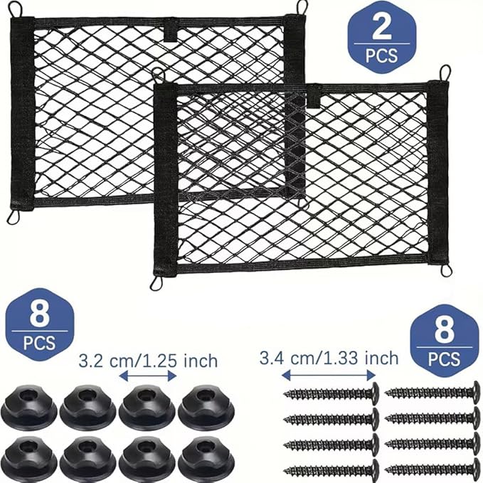 2 Pcs Small Cargo Net, Trunk Storage with Screws and Hooks, Elastic Net Bag for Car, RV, Boat (18in×9.8in)