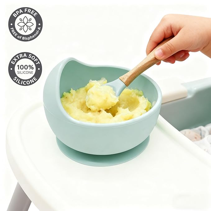 Ginbear Baby Bowls with Suction, Silicone Bibs, Self Feeding Spoons, Led Weaning Supplies, Toddler Eating Set for Ages 6 Months+ (Hazy Green)