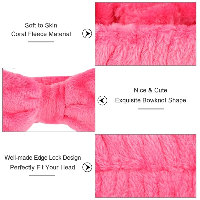 Ondder Spa Headband for Washing Face, Rose Red Terry Cloth with Cute Bow, Skincare Headbands for Women Girls, 8 Pack