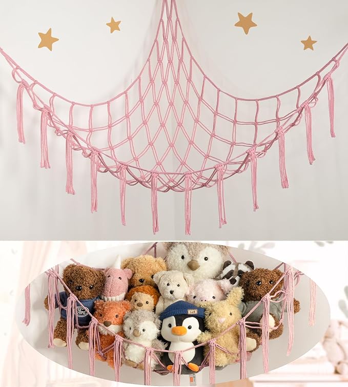 Stuffed Animal Storage Hammock or Net Corner - Large Toy Hammock Net for Stuffed Animals Room Decor - Cute Stuff Animal Organizer Plush Holder - Kids Baby Nursery Essentials Wall Bedroom Home Decor
