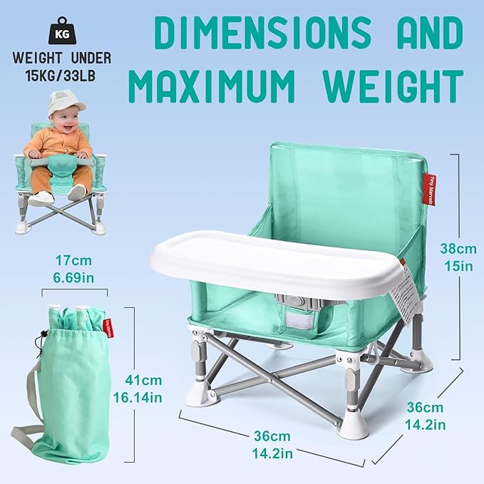 Tiny Marvels Portable Booster Seat, Foldable Baby High Chair with Removable Tray, Safety Harness & Carry Bag – for Toddlers Ages 6M-3Y, Ideal for Dining, Travel, Camping & Family Time