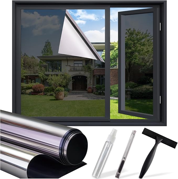 SUNBABY Window Tint for Home, One Way Privacy Film Heat & UV Blocking, Static Cling No Glue Renter Friendly Cover for Home Bedroom, Office & Sliding Glass Door, 45 x 157.5 Inch with 3 Tools, Black