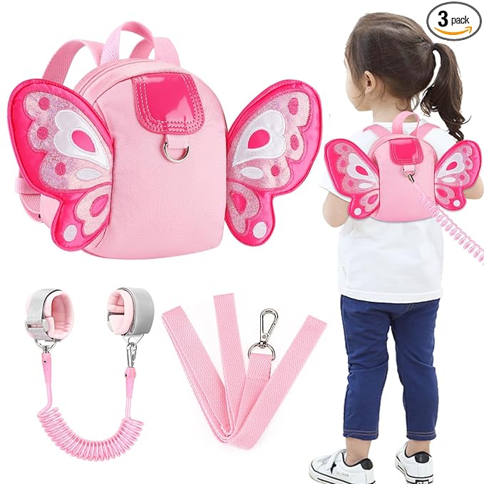 Accmor Toddler Harness Backpack Leash, Cute Butterfly Kid Backpacks with Anti Lost Wrist Link, Mini Child Backpack Harness Leashes Walking Wristband Travel Bag Harness Rein for Baby Girls (Pink)