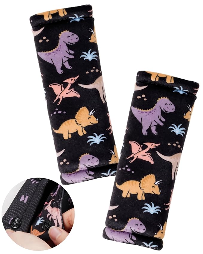 2 Pack Car Seat Belt Covers for Baby Kids, Soft Reversible Car Seat Shoulder Strap Pads, Seatbelt Cushion, Neck Strap Covers for Stroller, Carrier, Pushchair (Dinosaur)