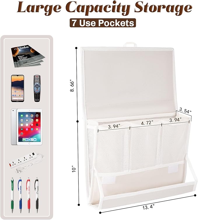 Retyion Bedside Caddy Bedside Storage Organizer Bedside Organizer with Power Strip Holder and 2 Adjustable Straps for Home Bunk Bed College Dorm Sofa (White)