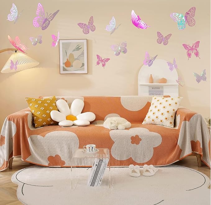 JOSDIOX 3D Laser Pink Butterfly Wall Stickers - 48 Pcs with 4 Styles & 3 Sizes, Removable Decor for Party Birthday Wedding Cake Balloon Decoration(48 Laser Pink)