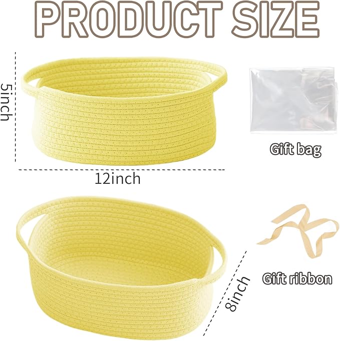 JMvicyroam Woven Basket,Small Rope Storage Bin with Handles & Ribbon Bag, Organizer for Shelves Closets,Gift Basket Empty for Birthday,Books,Dog Toys, Yellow/3 Pack