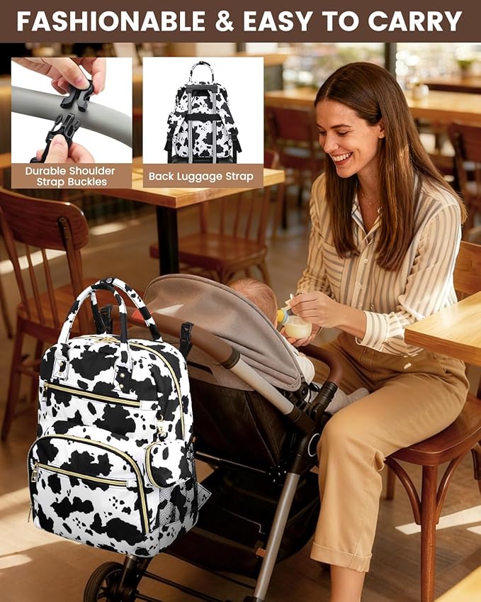 Pritent Diaper Bag Backpack,Baby Essentials Diapers Bag with Pacifier Case,Multipurpose Stylish Large Capacity Travel Backpack for Baby Girl/Boy(M-Cow Print)