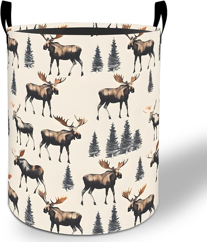 Forest Moose Laundry Basket Hamper 19.7"x15.8", Rustic Animal Foldable Waterproof Oxford Clothes Storage Bucket for Room Bathroom Bedroom Nursery Decor, Toy Organizer Bins Gifts for Kids Boys Girls