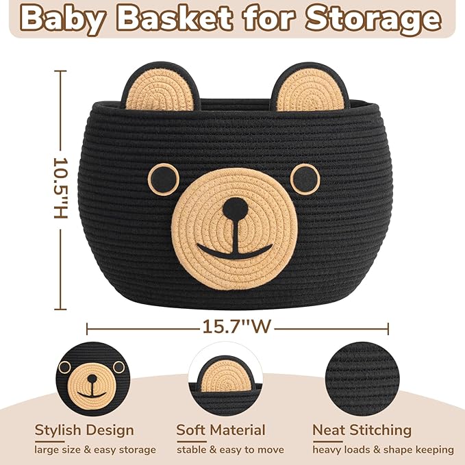 CherryNow Baby Basket for Nursery, Bear Gift Baskets for Kids, Cute Baby Basket for Baby Shower, Decorative Animal Baskets for Living Room, Black, 15.7"D x 10.5"H