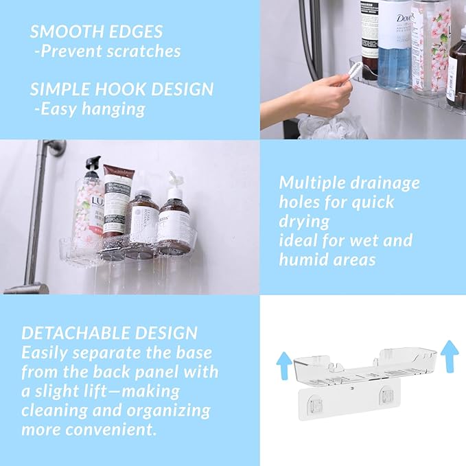 Acrylic Shower Shelf – Adhesive, No-Drill Bathroom Wall Shelf, Clear 12.2" x 3.54" x 1.77" Slim Organizer with Fast Drainage for Shower & Sink Toiletries