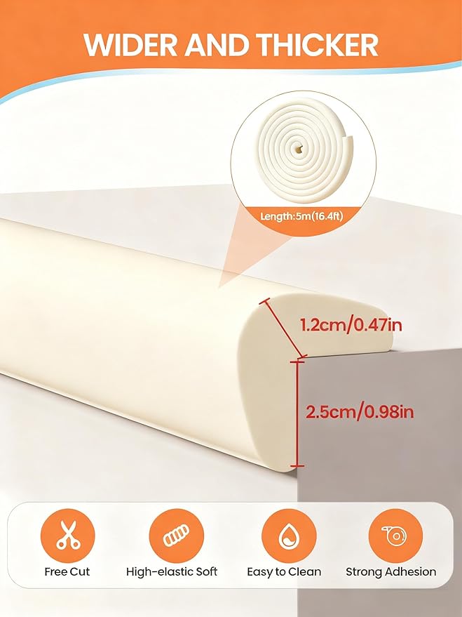 QYV Baby Proof Edge Corner Protector, 16.4FT 0.47''Th L-Shape Furniture Corner & Edge Safety Bumpers with 10 Corners, Pre-Taped, Soft NBR Rubber Foam Desk Edge Cushion Wall Corner Protector (Beige)