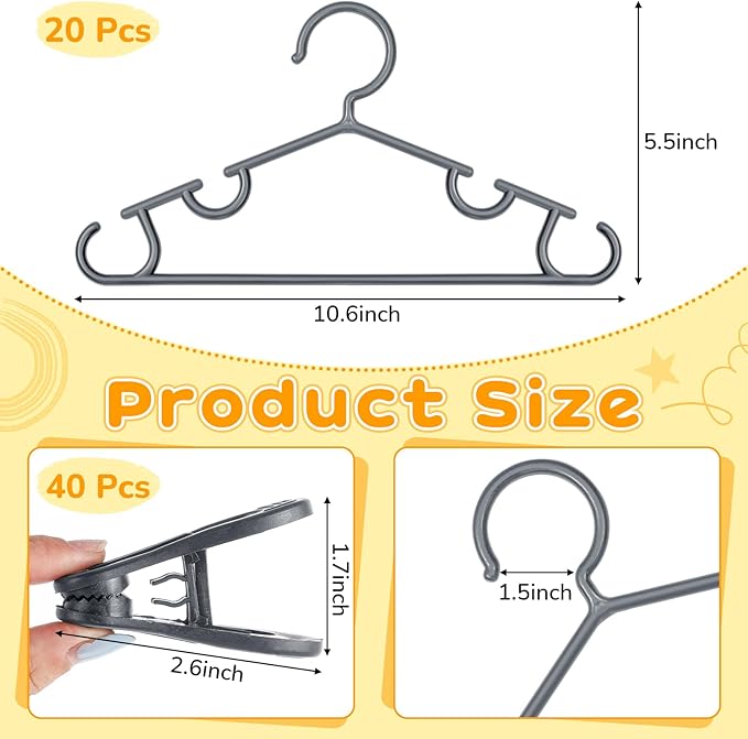 Hsei 5/10/40 Pack Baby Hangers with 10/20/80 Clips, Plastic Kids Pants Hangers for Nursery Closet Top and Bottom Clothes Hanger Set for Newborn Infant Toddler(60 Packs Total,Gray,10.6 Inch)