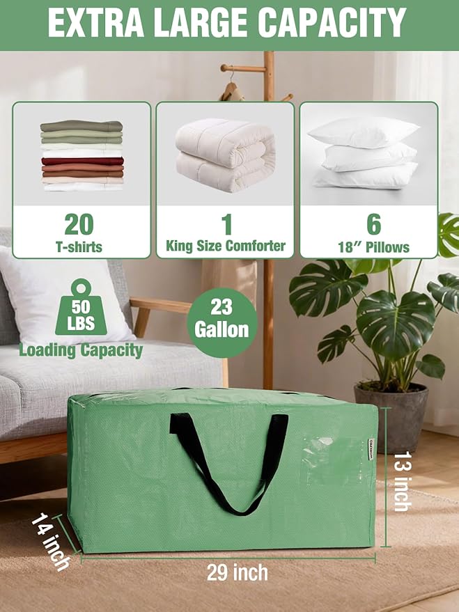 WORKPRO 2 Pack Extra Large Moving Bags with Zippers & Carrying Handles Backpack Straps, Heavy-Duty Storage Tote for Space Saving & Storage, Alternative to Moving Box (Green)