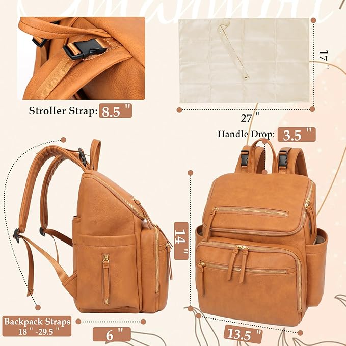 Omanmoli Diaper Bag Backpack Large Baby Diaper Bag Leather with 17 Diaper Bag Organizing Pouches,Changing Pad,Stroller Straps,4 Insulated Pockets,Honey