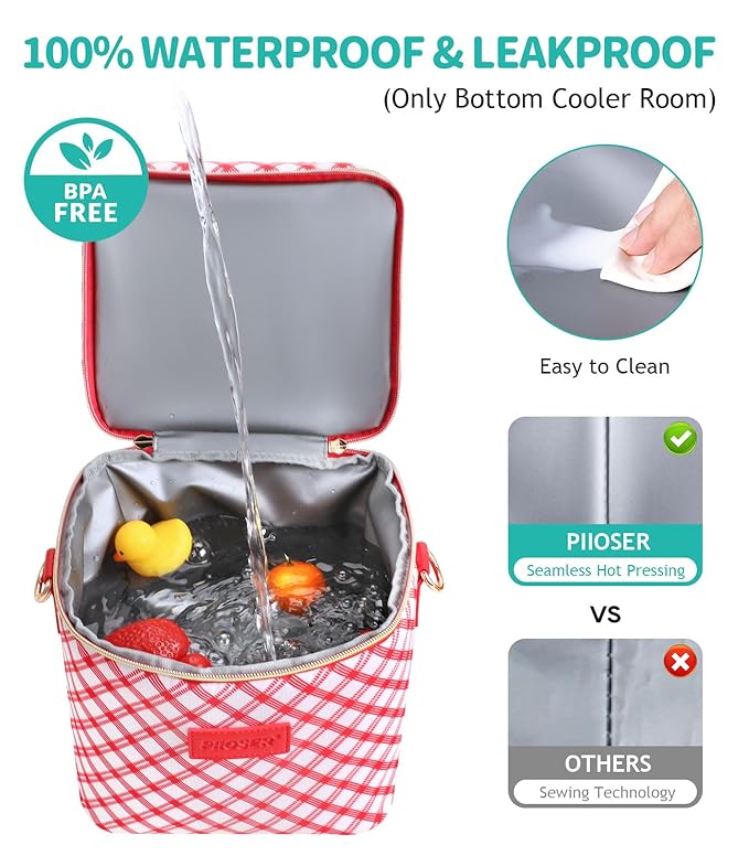 PIIOSER Breastmilk Cooler Bag with Ice Pack, Fits 6 Baby Bottles Up to 9 Oz, Stylish Baby Cooler Travel Bags with Shoulder Strap, Double Deck & Leakproof for Nursing & Working Mom-Red & White Striped