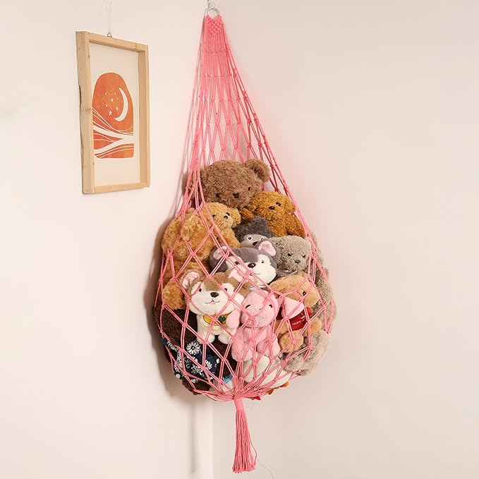 Novel Stuffed Animal Hammock Corner Hanging Net for Stuff Aniaml Storage Macrame Toy Display Plush Toy Holder-Perfect for The Tiny Space Walls (pink, XXL)