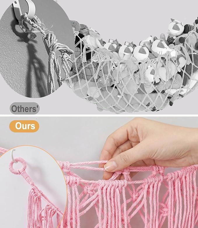 Stuffed Animal Net Hammock, Premium Cotton Hand-knitted plush hammock, Save space Eliminate Clutter Boho Stuffed Animal Storage with for Nursery, Bedroom Decor - Light pink