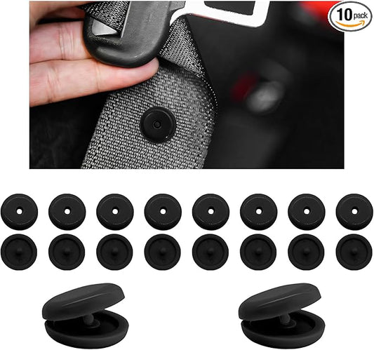 10 Sets Seat Belt Button Stop, Snap-on Seatbelt Stopper Kit Prevent Buckle from Sliding Down, No Welding Required Plastic Safety Belt Stop Clip for Cars Trucks SUVs (Black)