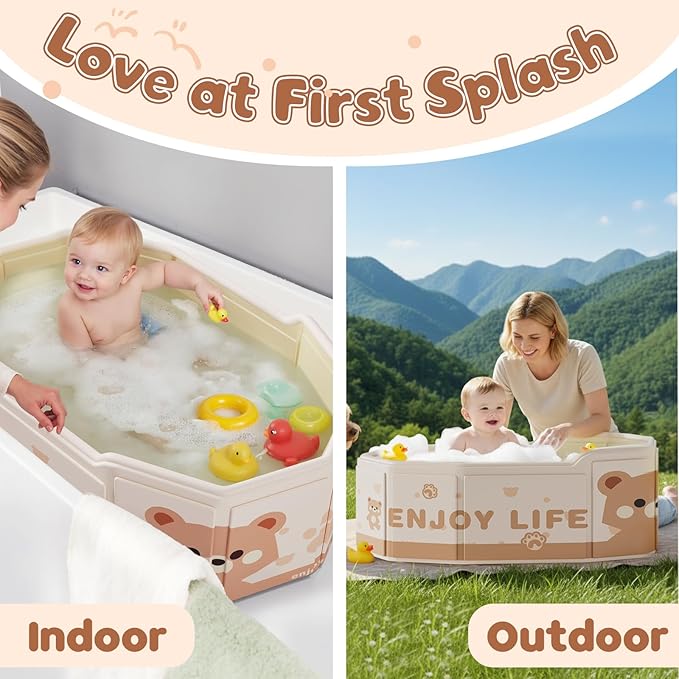 Collapsible Baby Bathtub for Shower, Portable Foldable Toddler Bath Tub with Non-Slip Base, Compact Travel Essentials for Kids & Infants, Easy Storage in Small Spaces, Brown