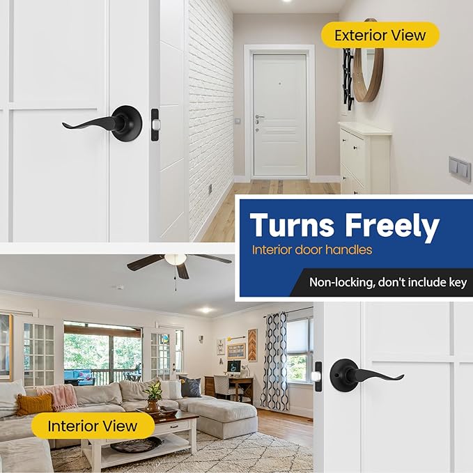 Passage Door Handle Keyless Closet Door Handles Interior Wave Lever Door Handle for Hallway, Reversible for Right & Left, Matte Black