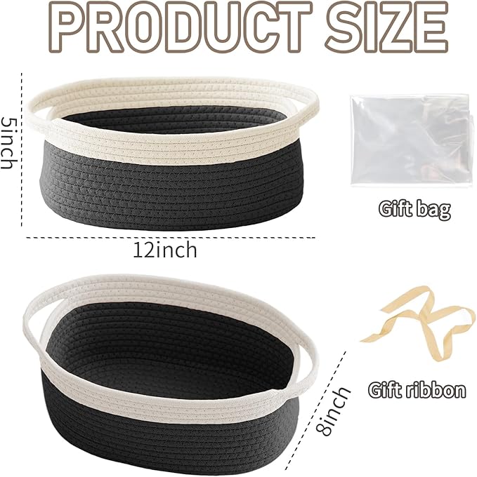 JMvicyroam Woven Basket, Small Rope Storage Bin with Handles & Ribbon Bag, Organizer for Shelves Closets,Gift Basket Empty for Birthday,Books,Dog Toys,White&Black/2 Pack