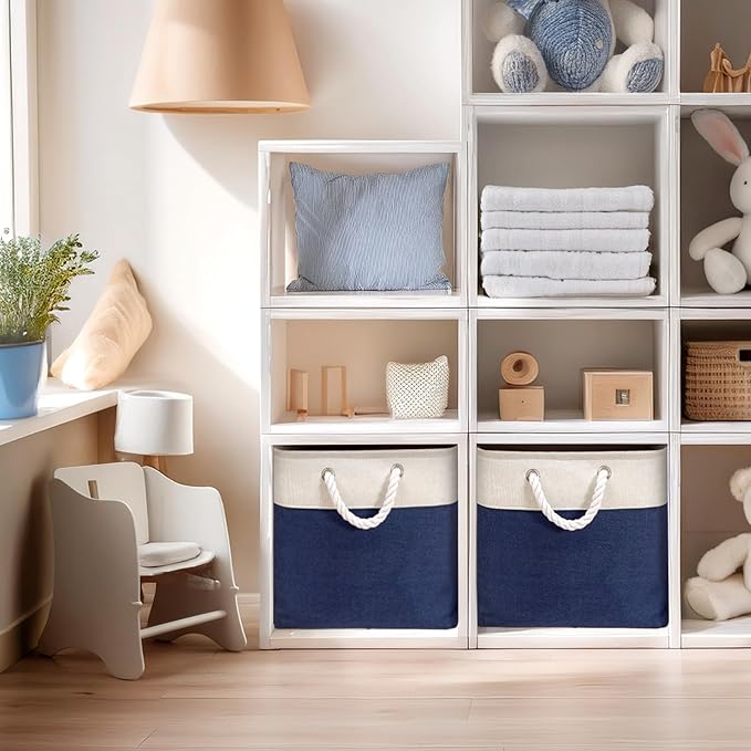 DECOMOMO Cube Storage Bins 13x13 Storage Cubes for Toys, Shelves, Closet and Cube Organizer (Navy Blue & White, 3 Pack)