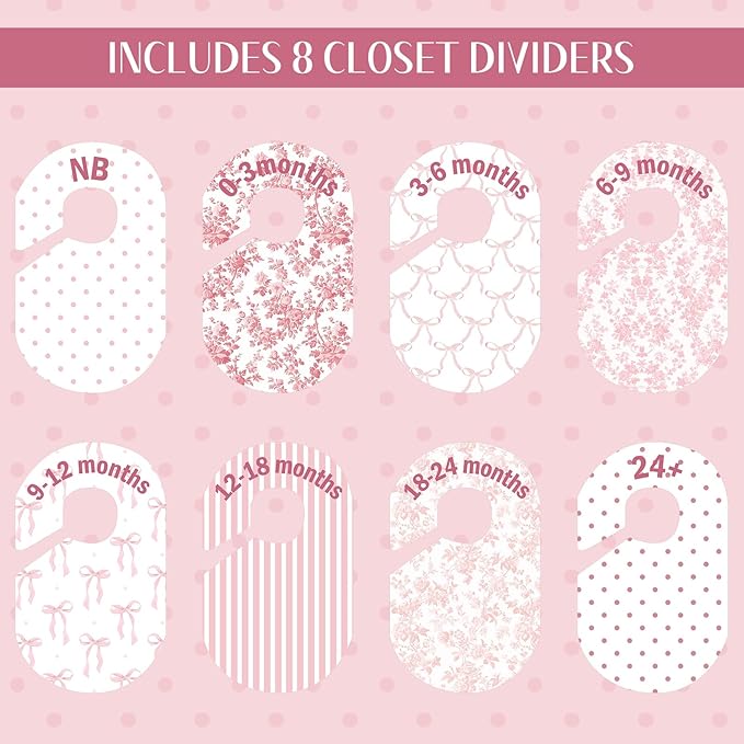 8 Pcs Pink Baby Closet Dividers Double-sided Bow Baby Girl Clothes Closet Hanger Dividers Wardrobe Organizer Coquette Preppy Nursery Decor for Sorting 8 Sizes from Newborn to 24+ Months