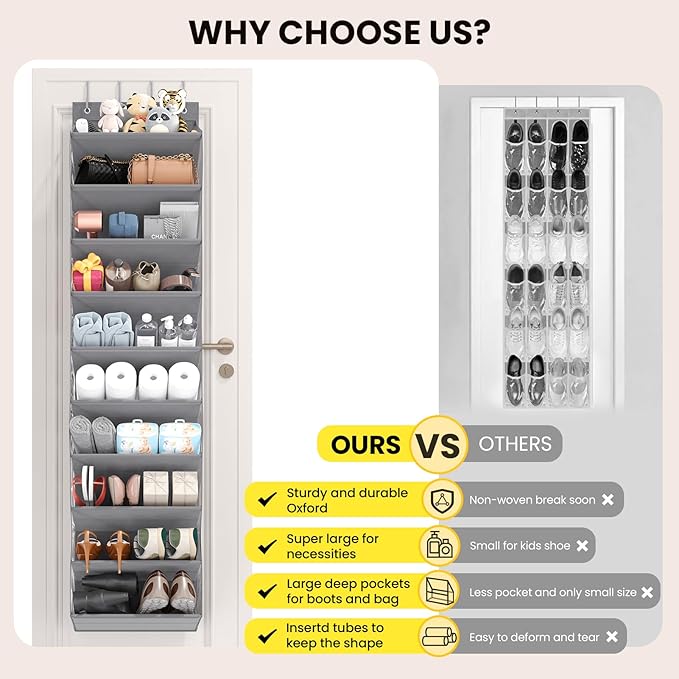 Mefirt 10 Tier Clear Over the Door Shoe Organizer with Deep Pockets, Door Shoes Rack with Hard Tube to Keep the Shape, Hanging Shoe Rack for Closet Organizers & Storage, Behind Door Shoe Holder Grey