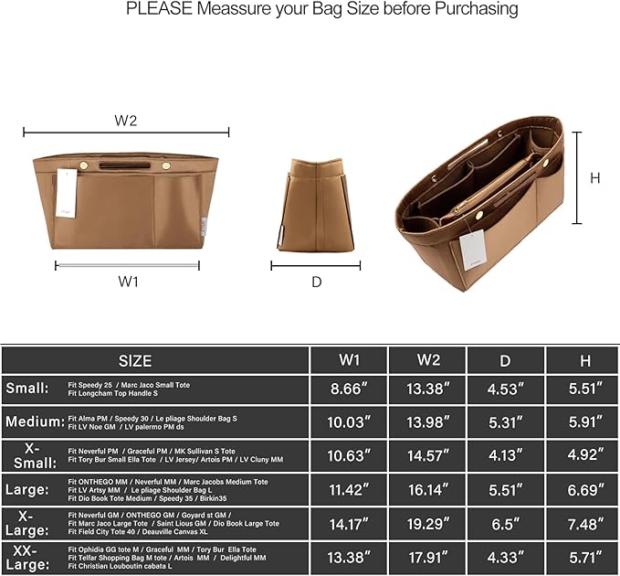 ZTUJO Purse Organizer Insert For Handbags, Silky Bag Organizer With 2 Zippers For Speedy Neverful Tote and More (Brown, Large)
