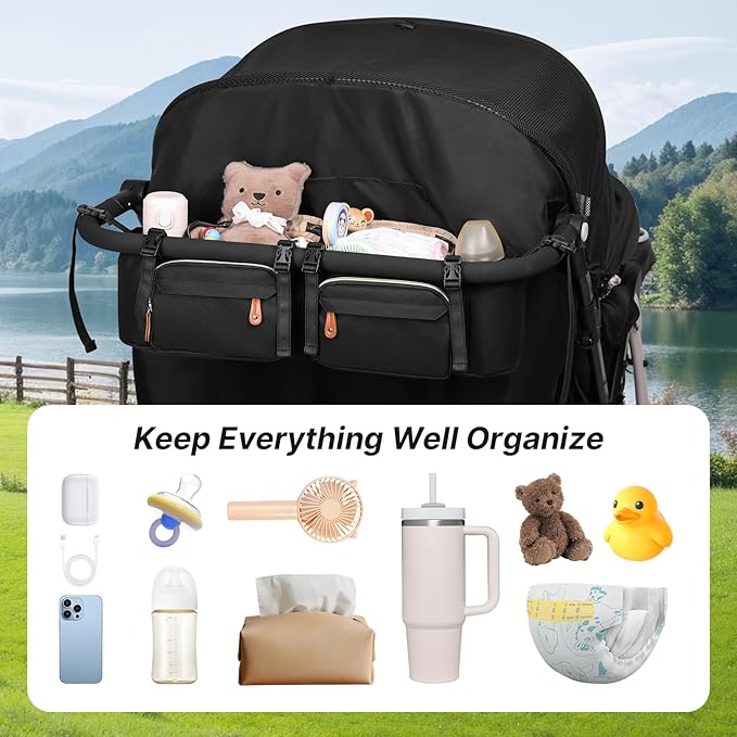 Double Stroller Organizer for Bob Duallie and Baby Jogger City Mini GT2, Double Stroller Caddy Organizers with Cup Holder and 2 Cooler Pockets Parent Console Double Stroller Accessories