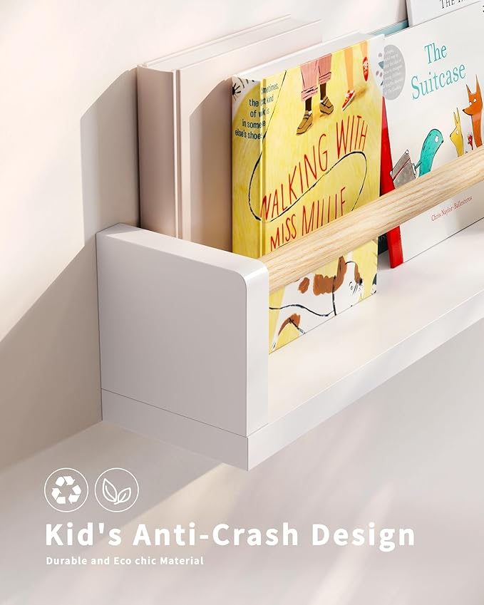 Nursery Book Shelves, 4 Pack, Wall Book Shelves for Kids Room, Baby, Toddler, Nursery Decor (White Wood, 23.1 Inches)